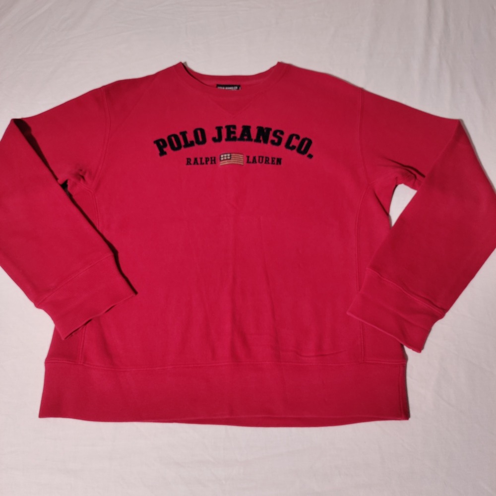 Polo Jeans Co Ralph Lauren Mens Red Embroidered Flag Crewneck Sweatshirt Medium